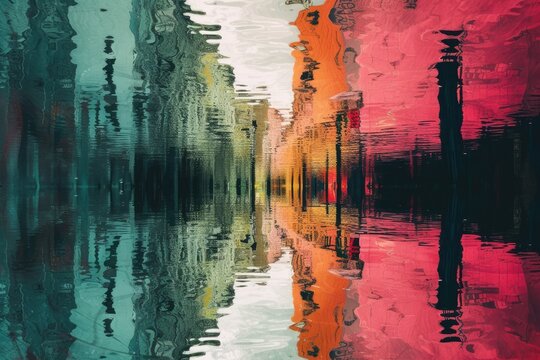 a city with a reflection of buildings, an abstract cityscape with colorful reflections