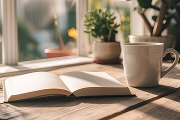 Leinwandbilder - a cup of coffee and an open book on a table, an inviting workspace with a coffee cup and notebook