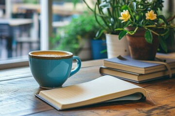 Leinwandbilder - a cup of coffee and an open book on a table, an inviting workspace with a coffee cup and notebook