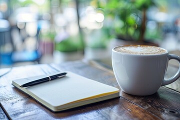 Wall Mural - a cup of coffee and an open book on a table, an inviting workspace with a coffee cup and notebook