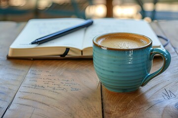 Leinwandbilder - a cup of coffee and an open book on a table, an inviting workspace with a coffee cup and notebook