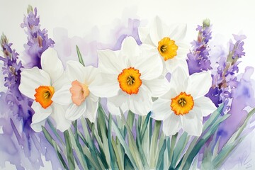 Poster - a painting of white and yellow flowers with lavender, a watercolor bunch of lavender and white daffodils