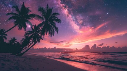 Wall Mural - Beautiful sunset on the beach with palm trees against a starry sky