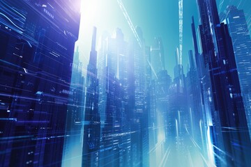 Poster - a city with skyscrapers and a blue sky, Design a futuristic cityscape with abstract skyscrapers