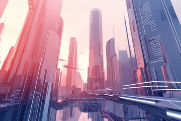 Poster - a city with skyscrapers and a blue sky, Design a futuristic cityscape with abstract skyscrapers