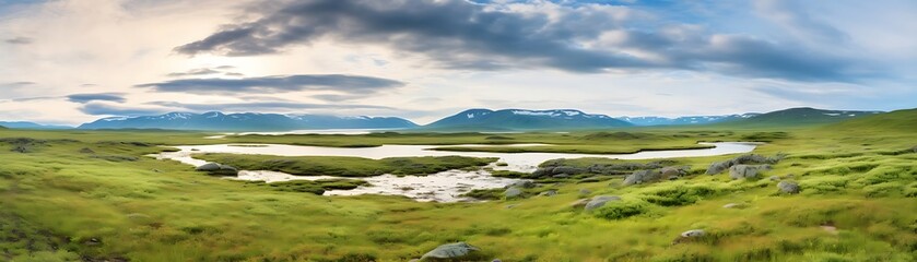 Sticker - tundra landscape with distant mountains and blue sky, featuring a large gray rock in the foreground