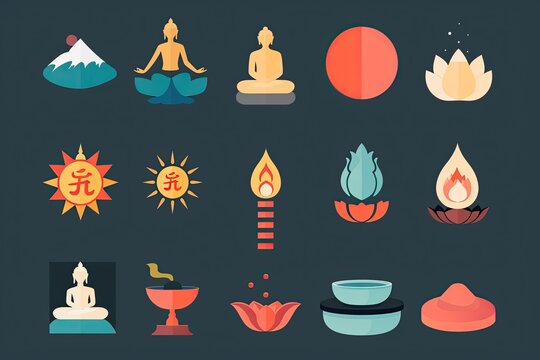 a set of yoga icons in a circle, Design a set of vector icons representing mindfulness