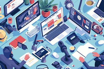 Leinwandbilder - a desk with a laptop, monitor, keyboard, mouse, and other office supplies, Design a vector illustration of a busy journalism and media workspace