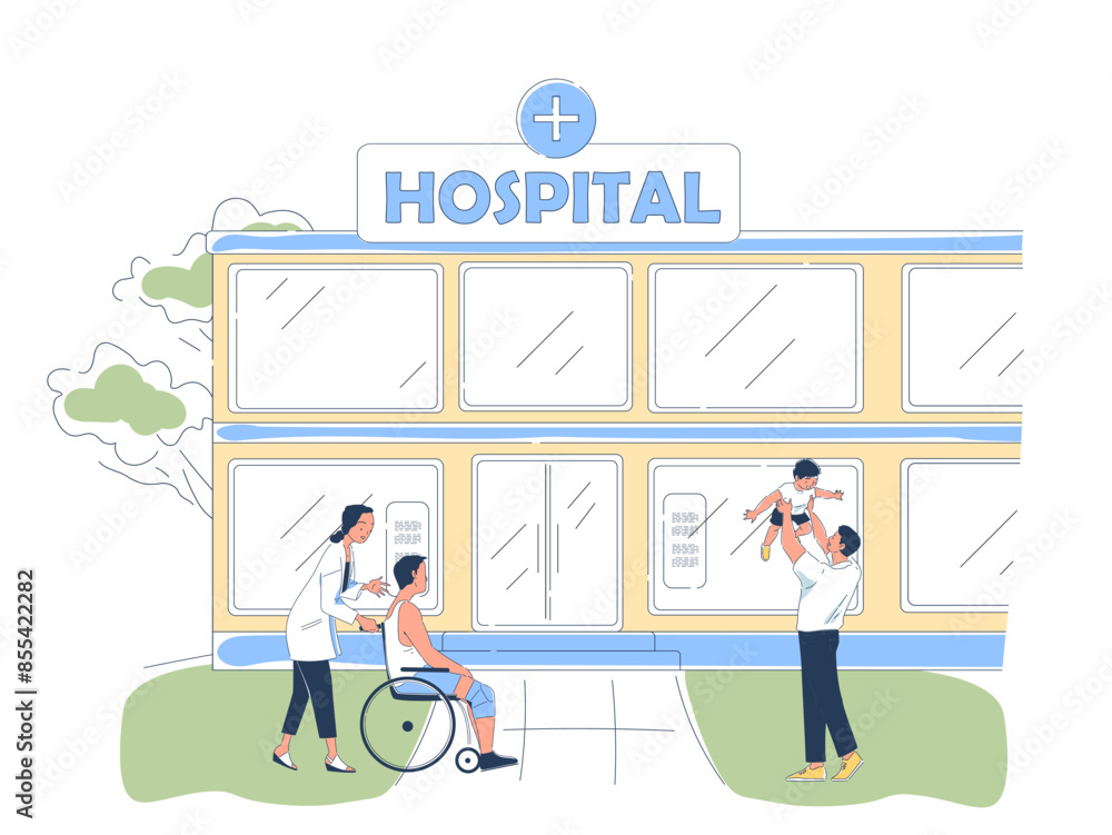 Hospital building concept. Doctor with patient near medical occupation ...