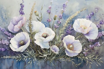 Poster - a painting of purple and white flowers, Develop a delicate watercolor arrangement with lavender and white lilacs