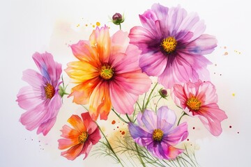Poster - a painting of flowers on a white background, Illustrate a bunch of watercolor cosmos flowers