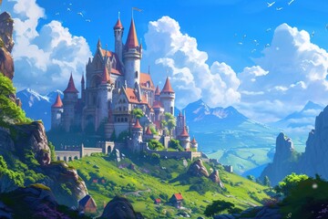 a castle on a mountain with a sky background, Illustrate a fantasy castle in a magical kingdom