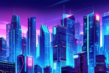 Wall Mural - a city with skyscrapers and neon lights, Illustrate a futuristic cityscape with skyscrapers