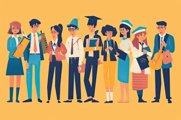 Poster - a group of people standing together in a line, Illustrate a group of people in various education and teaching professions