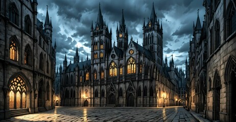 gothic castle palace city building at night. medieval goth tower buildings architecture on town street. fantasy dystopian background.