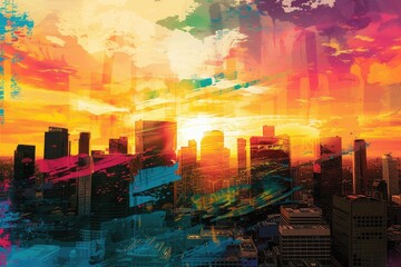 Poster - a city skyline with a sunset in the background, Illustrate a vibrant cityscape at sunset