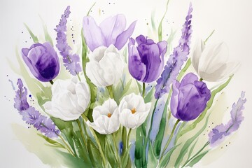 Poster - a painting of a bouquet of white tulips, Paint a watercolor bouquet featuring lavender and white tulips