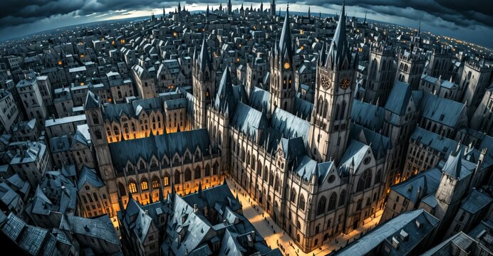 gothic city buildings and towers cityscape. aerial view bird's eye view. goth castle palace and hous