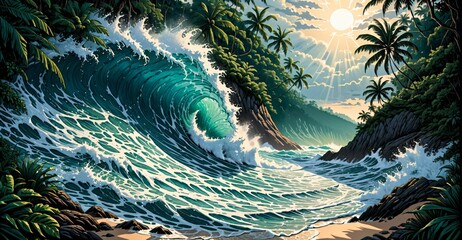 Poster - crashing ocean wave sunset on tropical beach. blue sea water with sunrays.