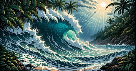 Wall Mural - crashing ocean wave sunset on tropical beach. blue sea water with sunrays.