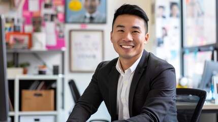 Canvas Print - A man in a suit is smiling in front of a wall of pictures. Scene is happy and positive