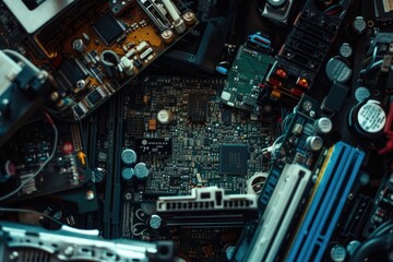 Aufkleber - a computer motherboard with a bunch of wires, Shoot a series of close-ups of electronic gadgets