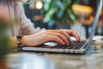 Wall Mural - a person typing on a laptop computer, Shoot a series of hands working on a laptop