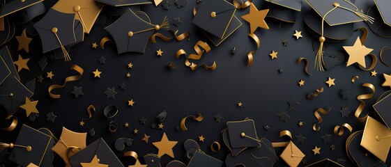 Wall Mural - Graduation paper cut out, caps, diplomas, and stars, celebratory black and gold, academic theme,