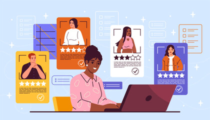 Wall Mural - Recruitment process concept. Woman with laptop evaluate candidates to vacancy. HR manager engaged in headhunting. Character compiling employee resume rating. Cartoon flat vector illustration