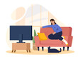 © Rudzhan - Woman watching television. Girl sitting at comfortable sofa near tv. Evening entertainment and leisure. Character enjoying interesting show. Cartoon flat vector illustration isolated on background