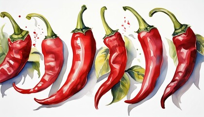 Wall Mural - Red hot chili pepper set. Hand drawn watercolor illustration, isolated on white background