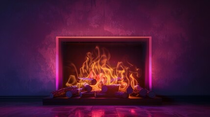 Wall Mural - fireplace with logs burning brightly and hot neon style.