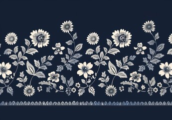 A blue and white floral design with a black border, Intricate White Floral Pattern on Deep Blue Background, Ornamental Design for Fabric and Decor