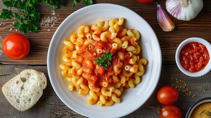 Wall Mural - Italian cuisine Macaroni with tomato sauce fresh tomato and onion on a white plate Top down view horizontal presentation