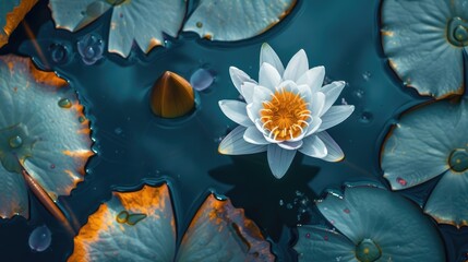 water lily in the pond, white lotus in a golden magic pond