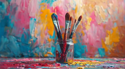 Wall Mural - Paintbrushes in a jar against a colorful abstract background, artistic creativity and inspiration concept