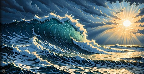Wall Mural - crashing ocean wave sunset seascape. blue sea water with sunrays.