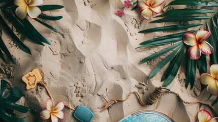 Wall Mural - A surfboard rests on a sandy beach, adorned with tropical leaves and flowers. The scene resembles a picture frame of natural art, with vibrant petals and lush greenery AIG50