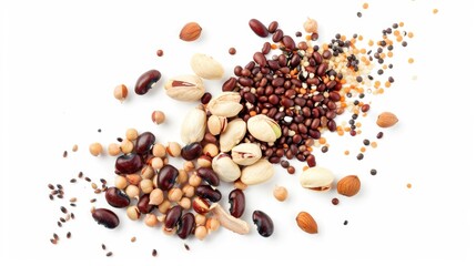 Wall Mural - Mixed beans peanuts and seeds scattered randomly on white background