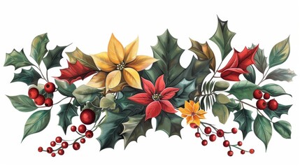 Wall Mural - Ornamental poster design with holly and vibrant on white background