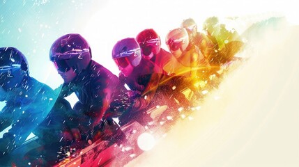 Wall Mural - Winter Olympics bobsleigh team close up, focus on, copy space Bright hues, Double exposure silhouette with high-speed action