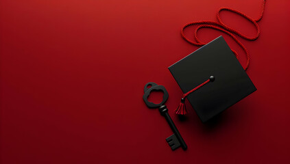 Wall Mural - A black graduation cap and a large key on a red background