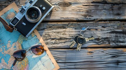 Wall Mural - A camera, sunglasses, keys, and a map lay on a hardwood table, showcasing a beautiful wood grain pattern. The rectangle table is made of sturdy planks with a rich wooden font AIG50