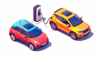 Wall Mural - omparing electric car versus gasoline diesel car suv. Electric vehicle charging at charger stand vs. fossil car refueling petrol gas station.