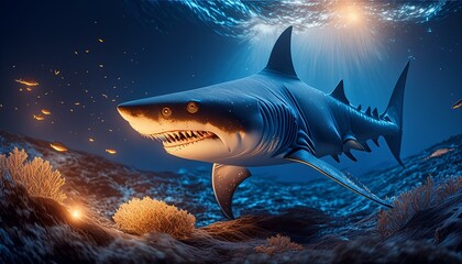 Wall Mural - A fierce shark hunting at night, its body outlined by the faint glow of bioluminescent plank 