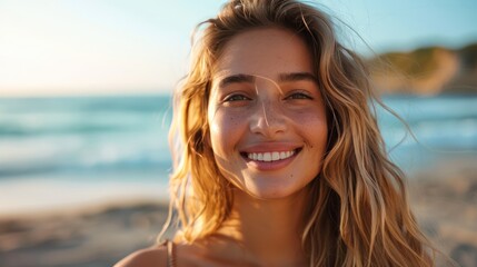 Sunny Delight: A Joyful Woman Smiling on a Beach Day