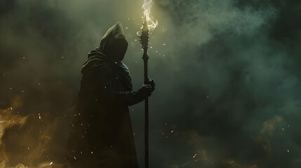 A dark sorcerer with a staff of shadows