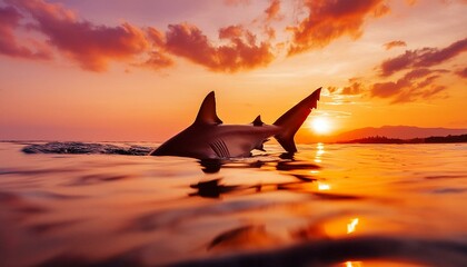 Wall Mural -  The silhouette of a shark gliding just below the ocean surface, with a stunning orange and p 