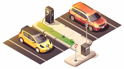 Wall Mural - omparing electric car versus gasoline diesel car suv. Electric vehicle charging at charger stand vs. fossil car refueling petrol gas station.