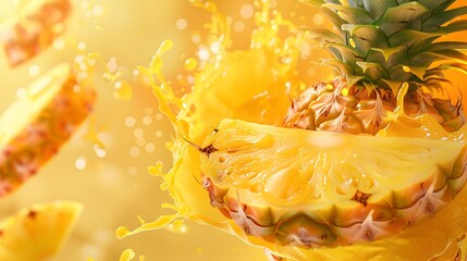 Fresh ripe pineapple, slices cut and pineapple juice splash wave. Healthy food or tropical fruit drink liquid ad label design. Tasty smoothie splash isolated, healthy diet concept on white background.